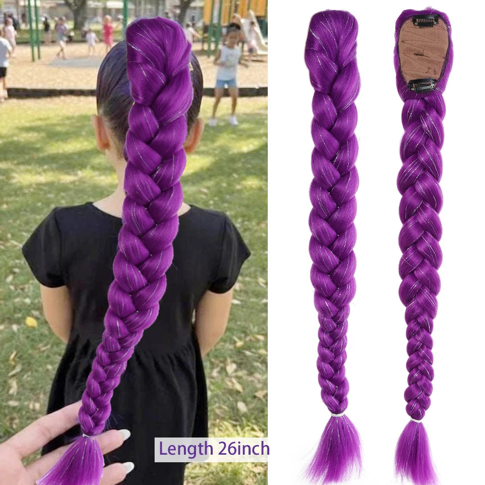 Synthetic Braided Purple Hair Ponytail Rumi Costume Hairstyle Long Ponytail with Rubber band and Clips for Kids Girls Christmas