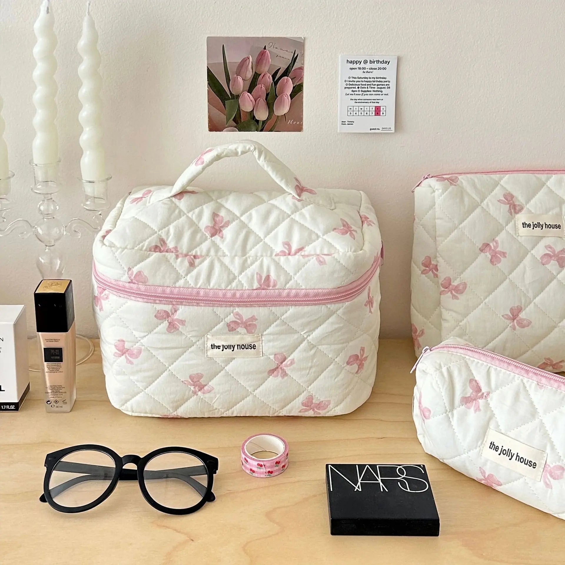 Bolsa de cosméticos para mujerBolsa de viaje para artículos de aseo Bolsa de maquillaje con lazo Bolsa de almacenamiento de maquillaje de moda Neceser organizador de bolso Kosmetiktasche