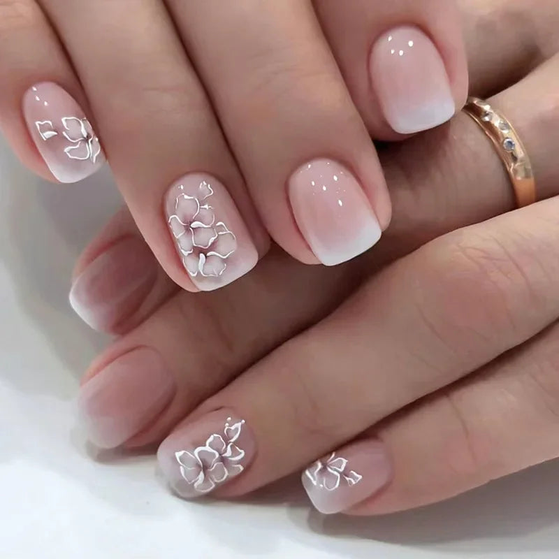 24pcs/box Glossy Short Square Fake Nails Colorful French Tip Press On Nails Flower Pattern Spring Summer False Nails For Women