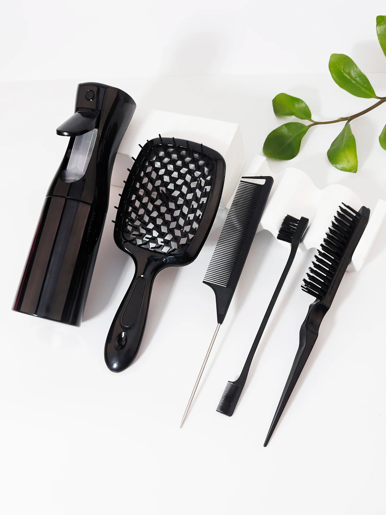 5 pieces/set of hair tool set, hollow comb, rat tail comb, tease comb, edge control comb, hair spray bottle