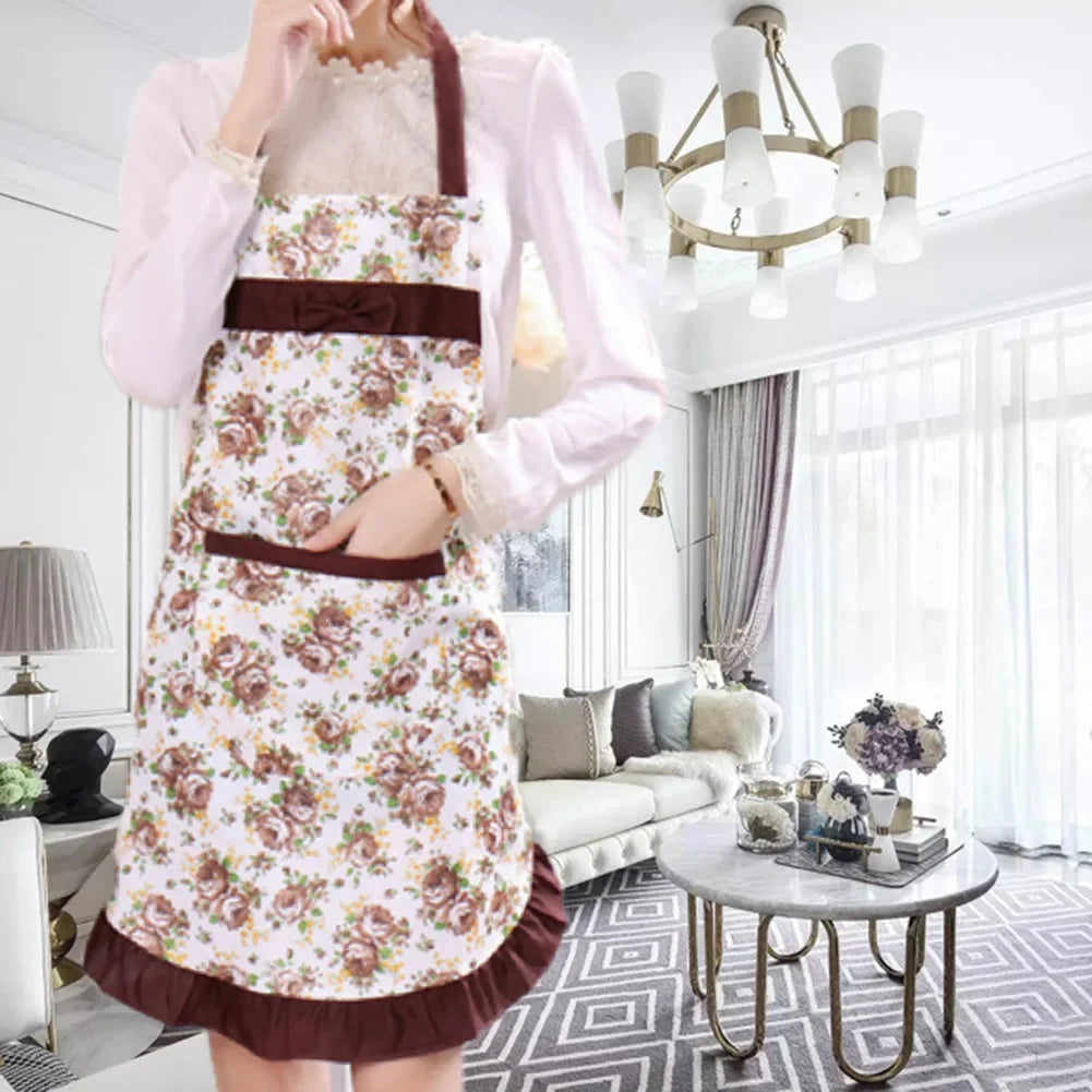 Oil-proof Cooking Apron for Women Adjustable Kitchen Cooking Coffee Shop Flower Printed Bowknot Cleaning Aprons with Pocket