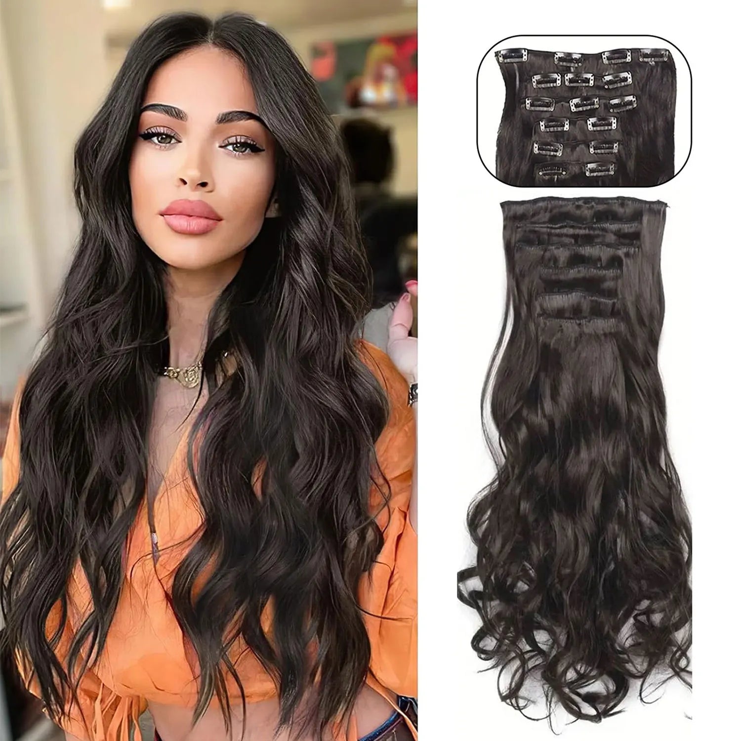 24" Long Wavy Clip-In Hair Extensions – Thick, Double Weft & Natural Look (6PCS)