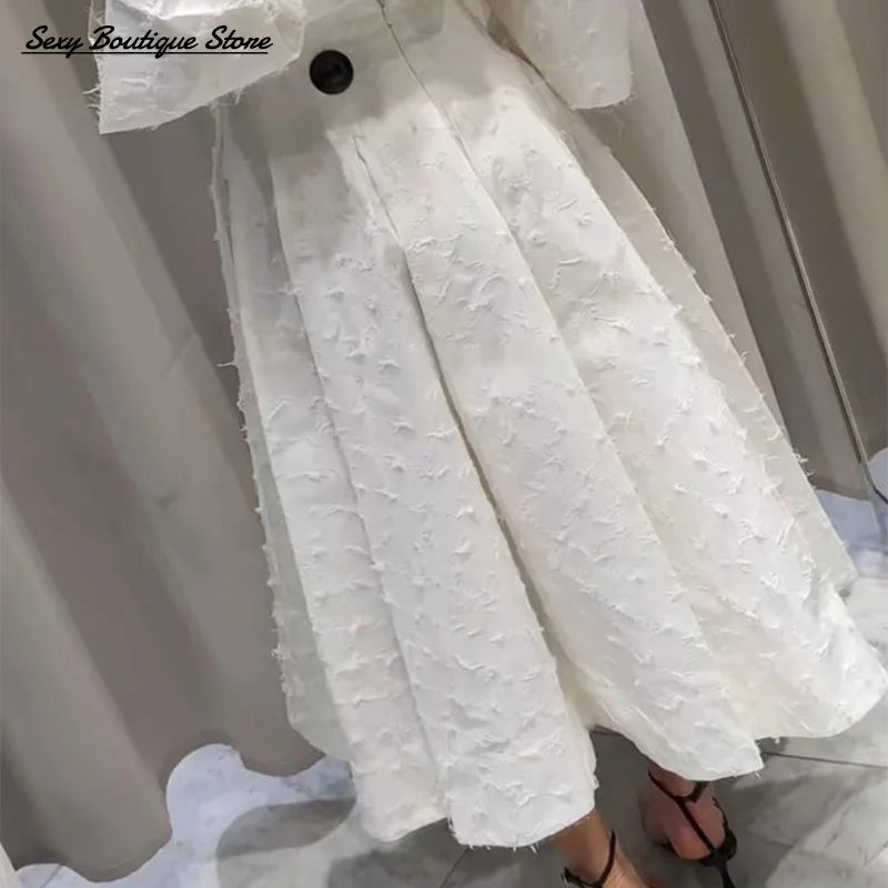 White Tassel Shirt Long Skirt Set Women Lapel Wrist Sleeve Loose Button Top High Waist A-line Skirt 2025 Summer 2 Piece Outfits