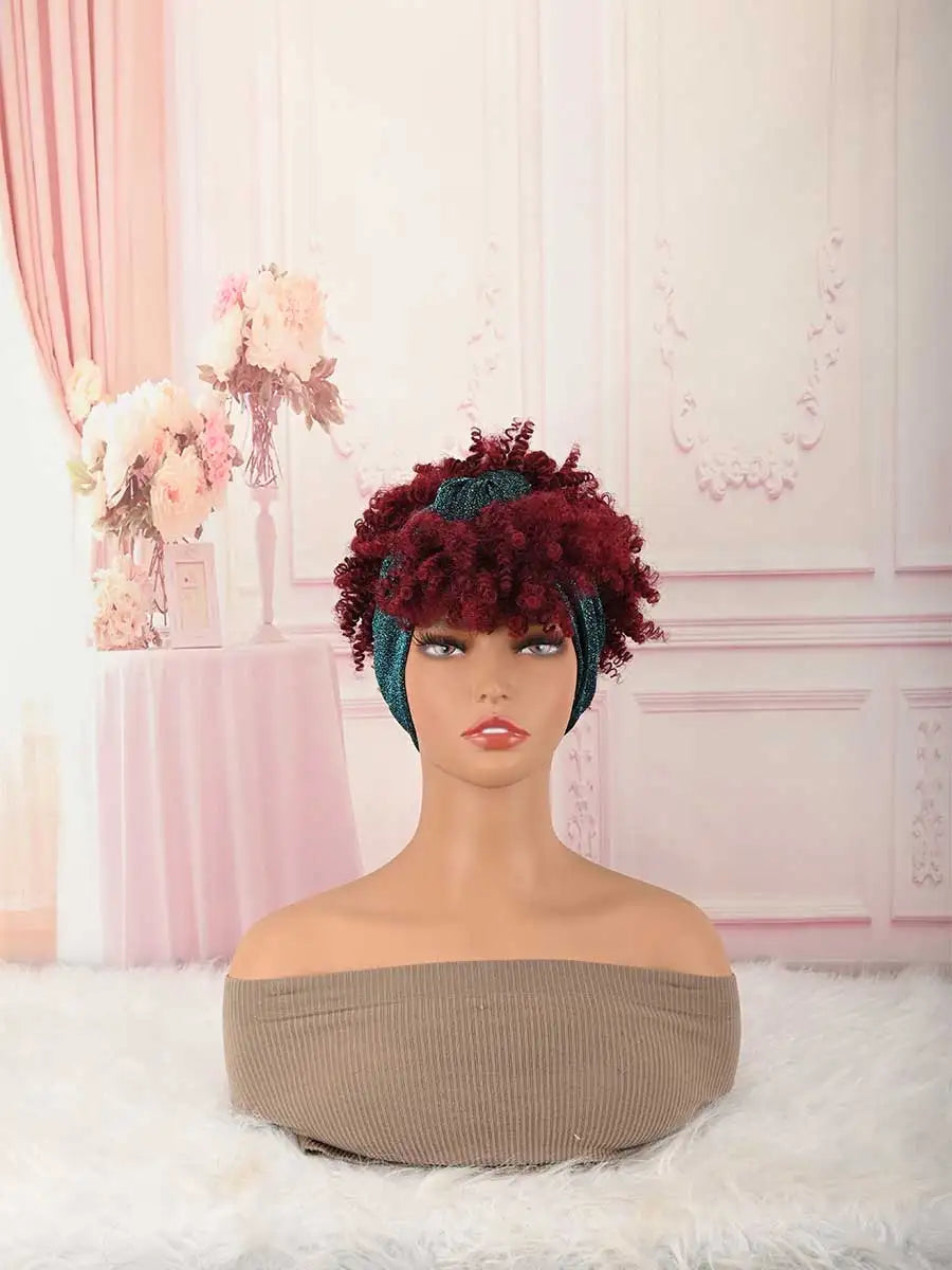 Headband Wig Curly Headband Wig With Bangs For Women Synthetic Afro Curly Hair Wig With Headband Attached Short Kinky Curly Afro High Puff With Bangs Stripes Short Red Curly Wigs with Bangs for Women, Natural Wavy Synthetic H