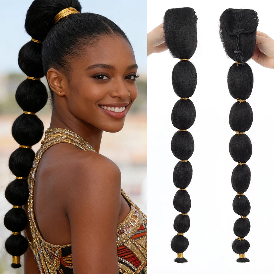Queue de cheval bouffante afro synthétique longue droite Yaki avec tresses en lanterne, extension de queue de cheval à bulles avec cordon de serrage et pince pour femmes noires