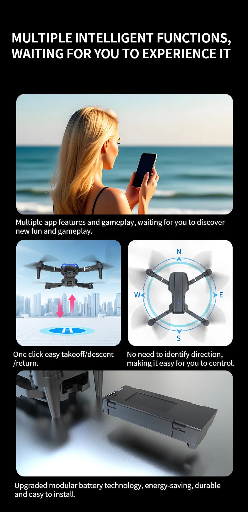E99 PRO Drone Skjermkontroll Luftdrone Høydefinisjon Dobbeltkamera Fjernstyrt Fly, Sammenleggbar Quadcopter Barnegave