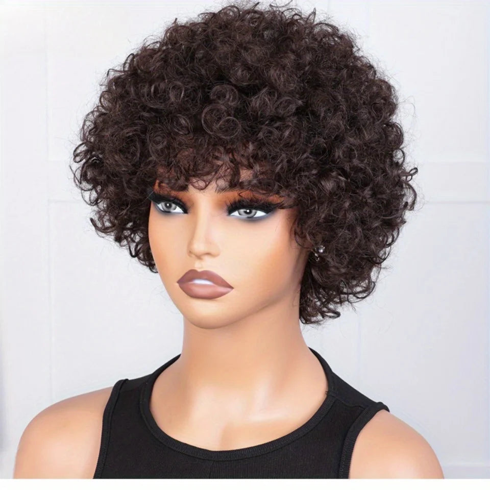 Peluca corta rizada kinky, pelucas de cabello humano, peluca afro rizada con corte pixie y flequillo, peluca brasileña marrón hecha a máquina, color degradado Rebecca