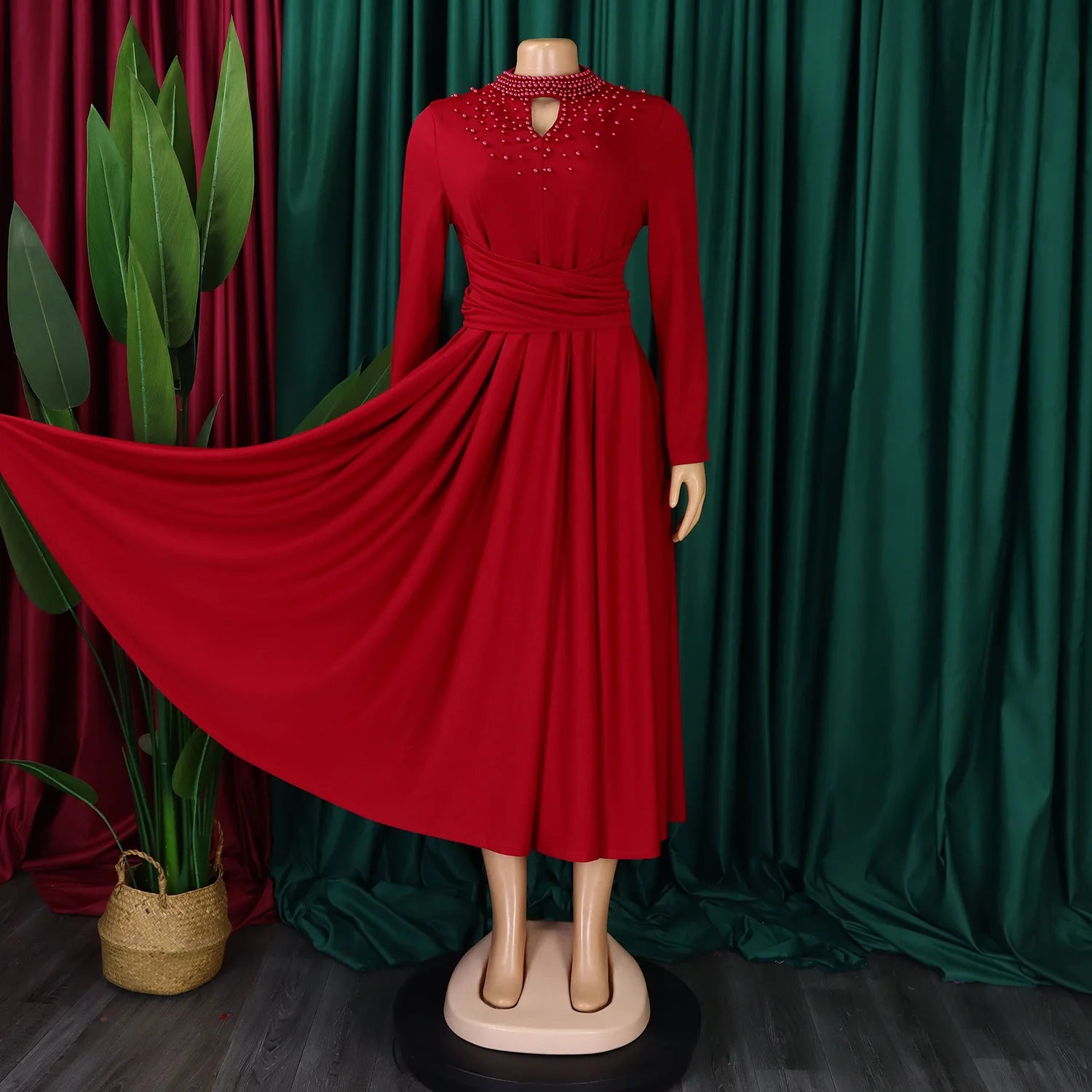 Vestido Elegante Africano para Mujer, Vestidos de Noche con Cuello Alto y Cuentas a la Moda, Vestido Delgado de Temperamento para Mujer, Vestidos Casuales de Manga Larga