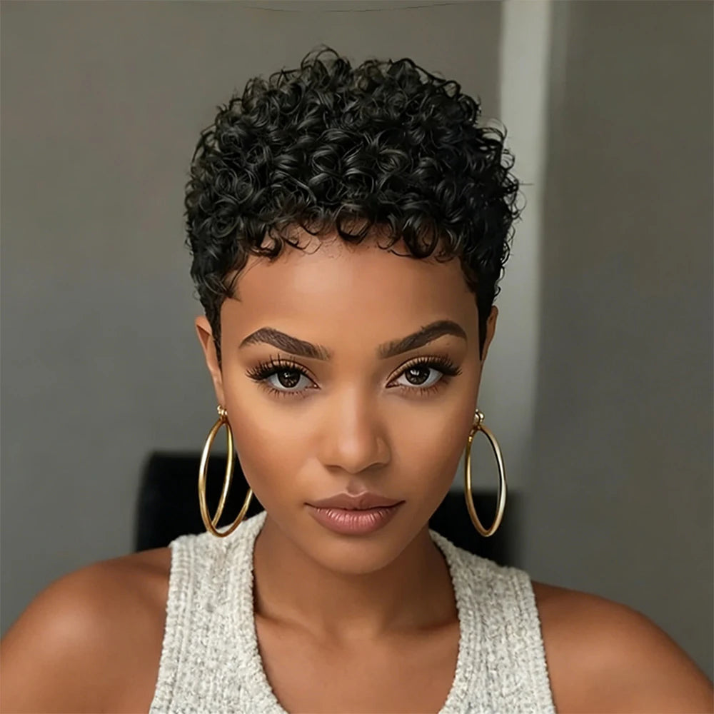 Afro Kinky Curly synthetic wig Hair Wig Short Pixie Cut Wig Full Machine-Made Wig for Women