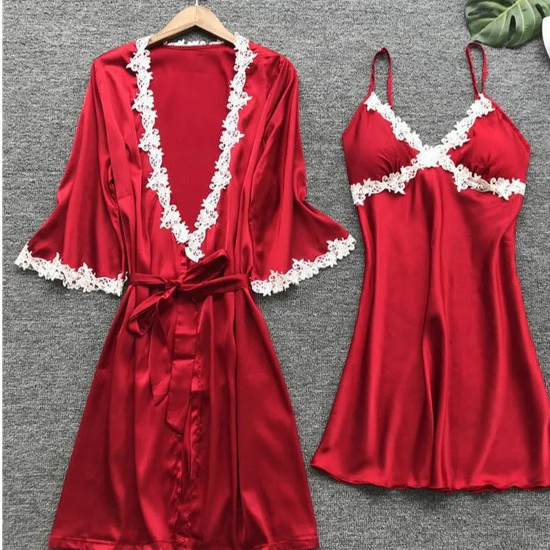 Pajamas Five Piece Set Sexy Lace Trim Nightgown Nightwear Spring Summer Women Bath Robe Loose Satin Home Wear Pijamas Suit