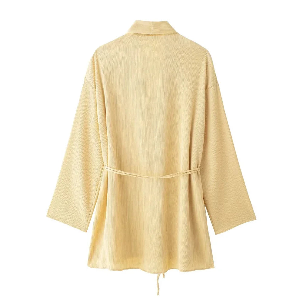 Women's Pajamas for Women 2 Pieces Set Kimono Style Loose Lace Up Shirts Tops Women's Wide Leg Pants Sets Sleepwear Women