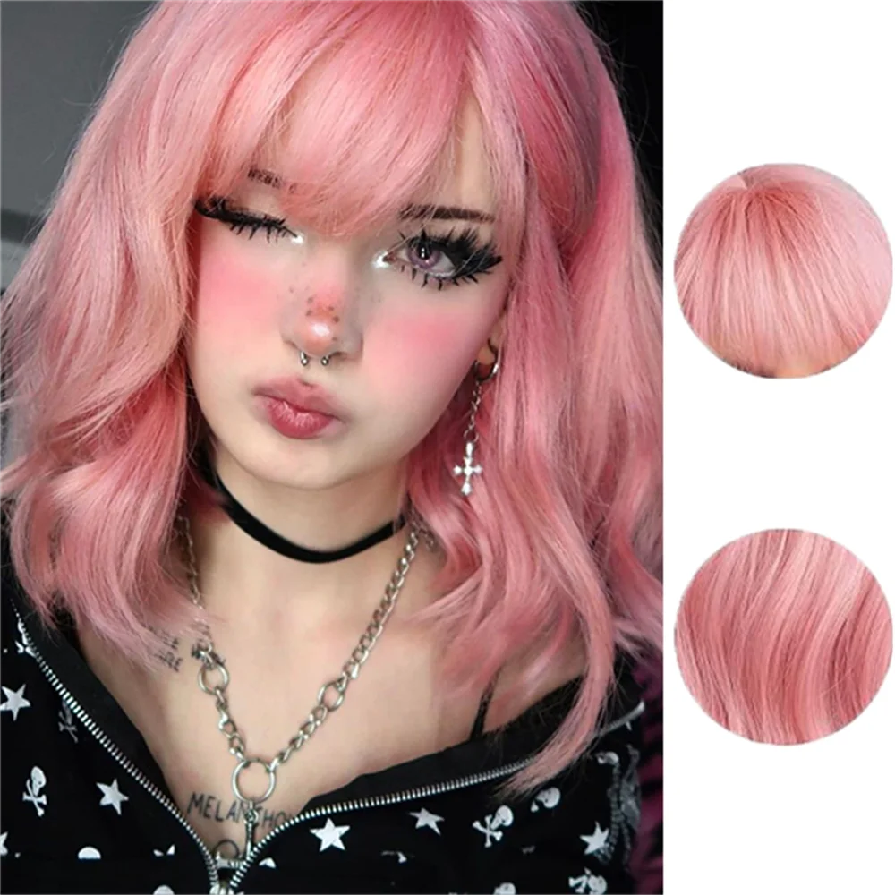Short Wavy Bob Wig With Bangs, Shoulder Length Curly Wigs For Women, Synthetic Pink Wig For Daily Use, Cosplay Wig For Halloween