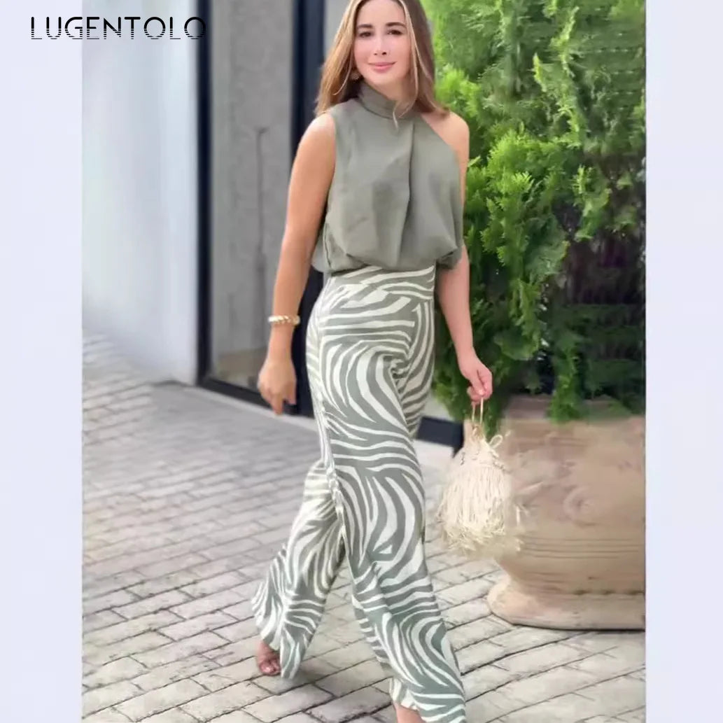 Women Fashion Halter Top Wide-leg Pants Set New Summer Sexy Sleeveless Blouse Office Lady Elegant Casual Trousers Two-piece Sets
