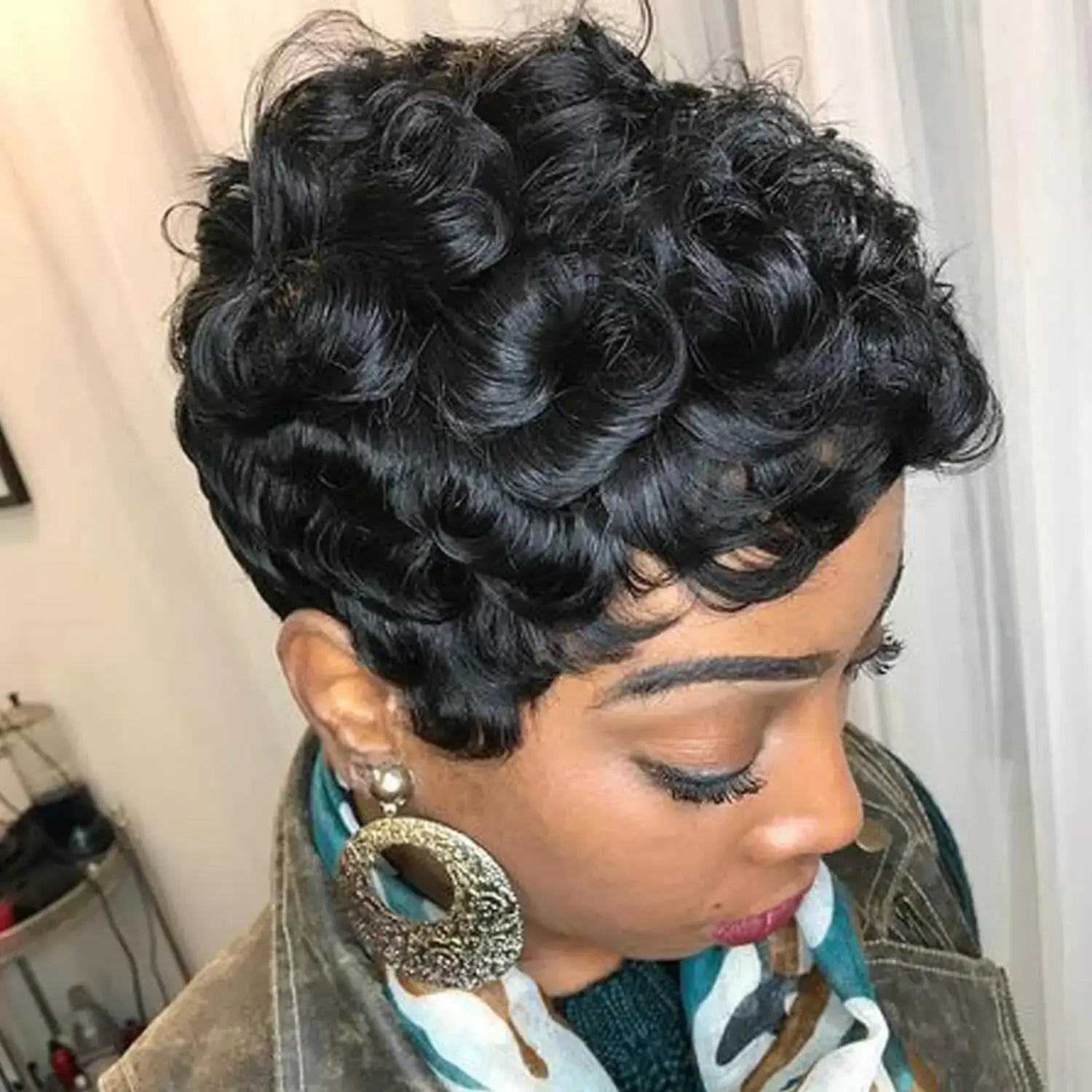 Black women's elf short wig, curly black short wig, black women's synthetic wig, natural, wavy, black elf hairstyle