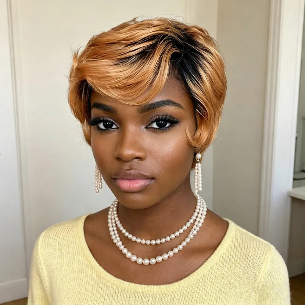 daily party use gift pixie cut wig150% density 4inch machine made pixie short curly 1B30 color human hair wig  for women