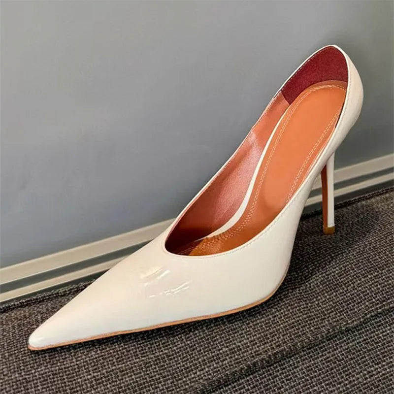 New High Heels Shoes Woman Pointed Toe Slip-on Women Pumps Patent Leather Thin Heels Runway Mules Shoes For Women