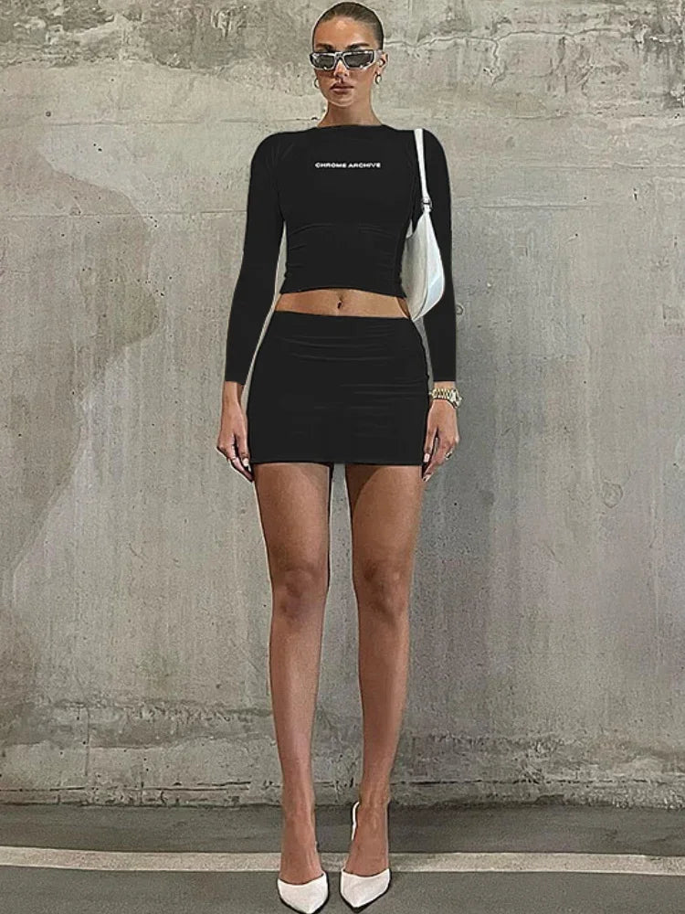 Mini Skirt Set Long Sleeve Crop Top Solid Color Two Piece Sets Womens Outfits Slim Fit Streetwear Letter Print Conjunto Femenino
