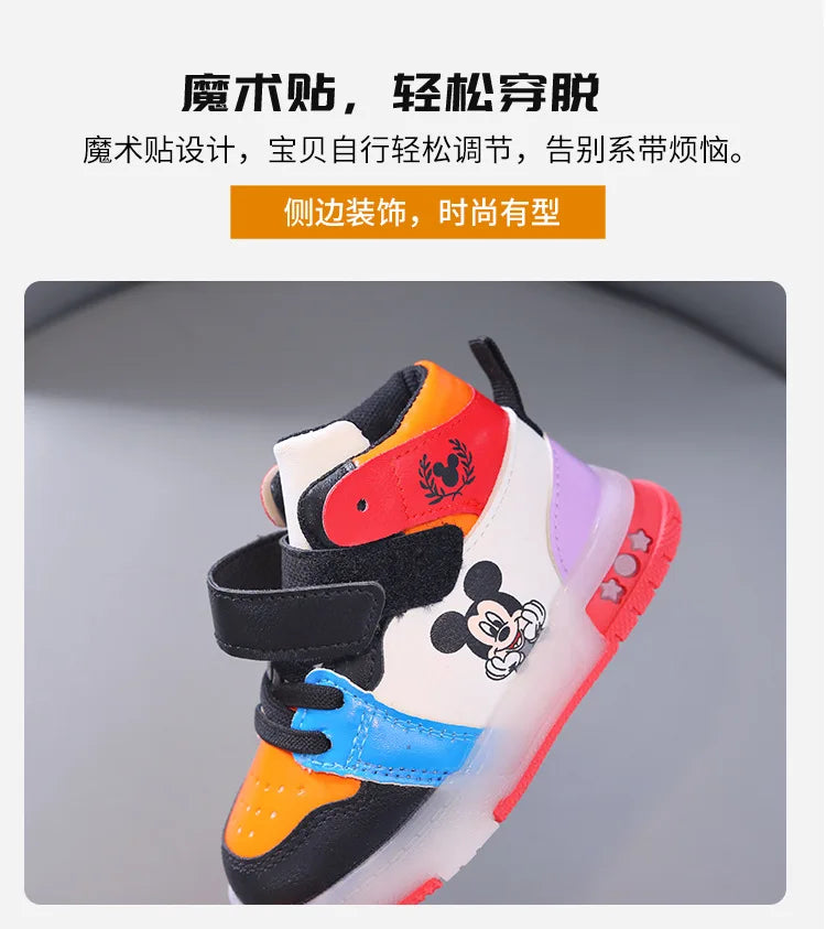 Disney Girls' Causla Shoes PU Leather Mickey Mouse LED Luminescent Children's Sneaker 1-6 Year Old Boys' Sports Casual Shoes