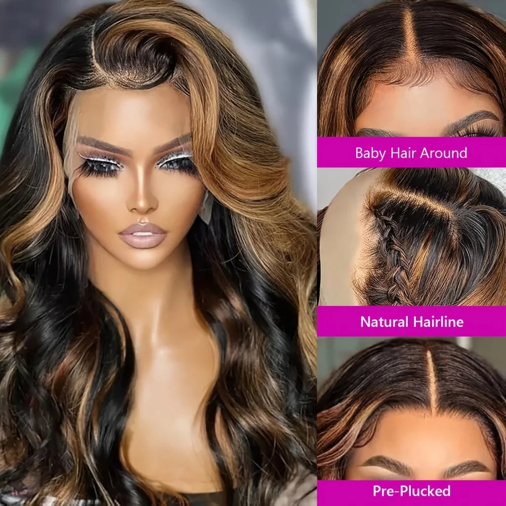 250 Density P1B30 Highlight Ombre Human Hair Wig 13x6 Transparent Lace Front Wig Colored Body Wave Black Brown For Women 38 Inch