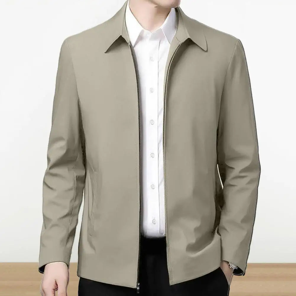 Men Jacket Elegant Mid-aged Men's Lapel Jacket with Zipper Closure Pockets for Formal Business Casual Wear in Spring Fall Solid