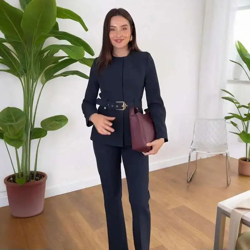 Elegant Women's Trouser Suits Long Sleeve O-Neck Top With Belt Solid Wide Leg Pants Female Suit 2025 Spring 2 Pieces Set Women
