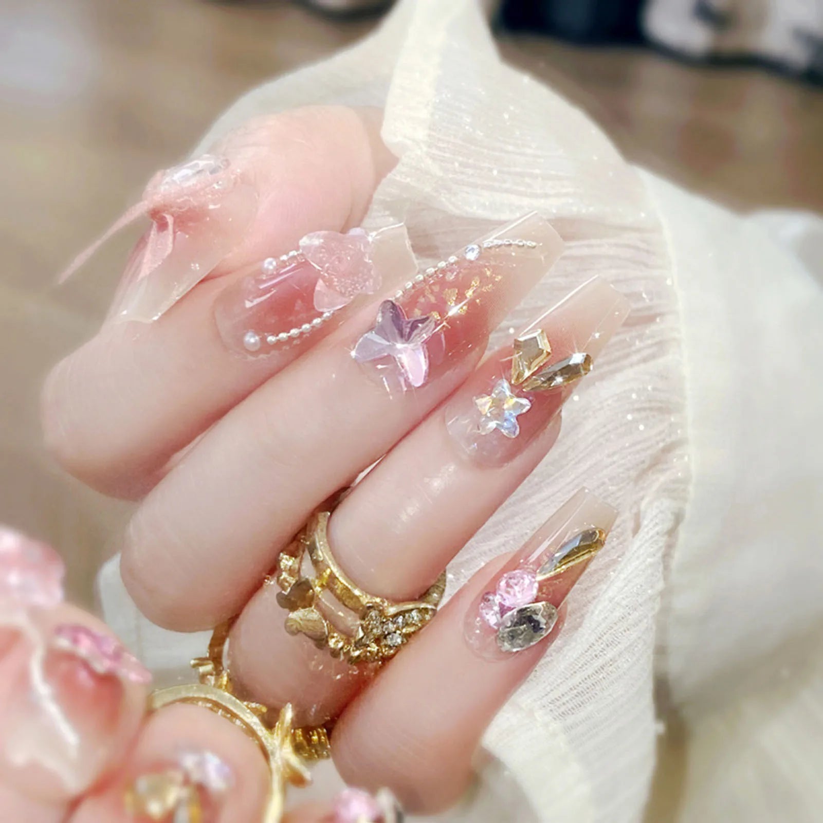 Light Pink Fake Nails with White Tip Ultra-flexible Long Lasting Fake Nails for Stage Performance Wear MIAO-US
