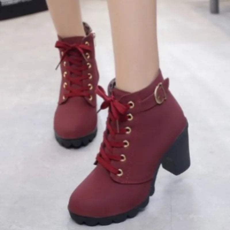 Botines de tacón alto con cordones para mujer – Diseño de plataforma con hebilla de moda