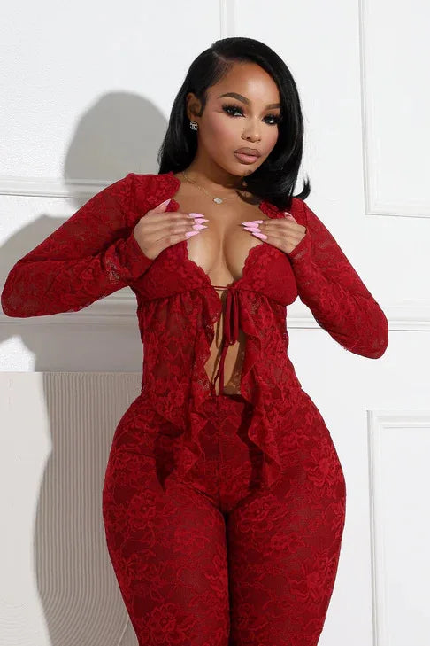 Pant Sets Women Two Pieces Cardigan Lace Sexy Tops Tracksuit Full Wide Leg Pants Loose Fit Casual Spliced High Waist Solid