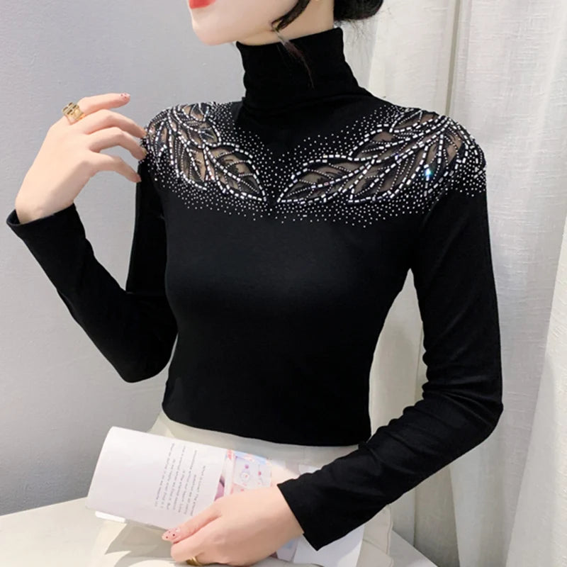 Jersey de cuello alto de malla Otoño Invierno – Elegante y elástico