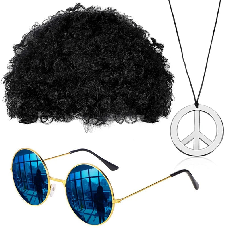Perruque Synthétique Homme Chapeau Cheveux Bouclés Casquette Lunettes de Soleil Collier Set 3 Pièces Drôle Années 70 Disco Hippie Accessoires Cheveux Fête Costume de Danse Hip Hop