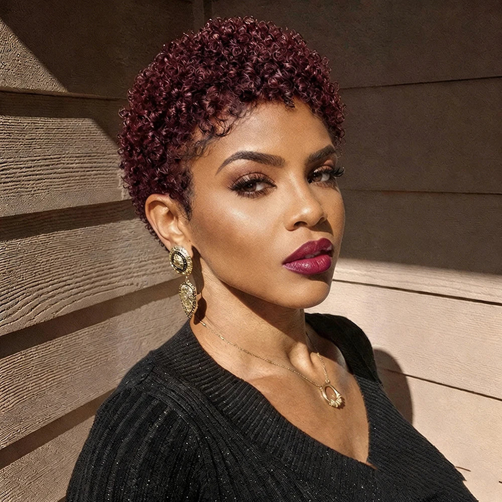 Afro Short Kinky Curly Wig Pixie Cut Wigs Human Hair for Black Women Bazilian Hair Machine Made Cap Natural Black/Burgundy/Brown