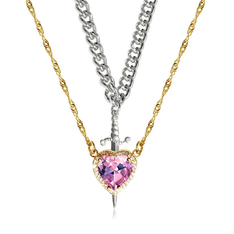 Collar de corazón y espada Collares para parejas Anillo de cristal de circonita Pulsera Conjunto de joyas para regalos románticos del Día de San Valentín