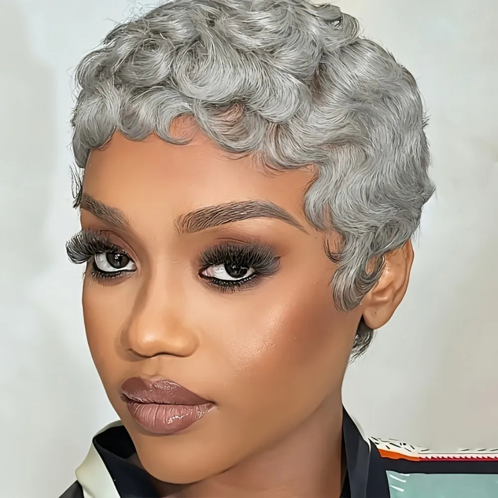 Remy Human Hair Wig - full machine made wig 150% Density short Curly Pixie Cut with Bangs, Grey/613 Salt & Pepper Texture,
