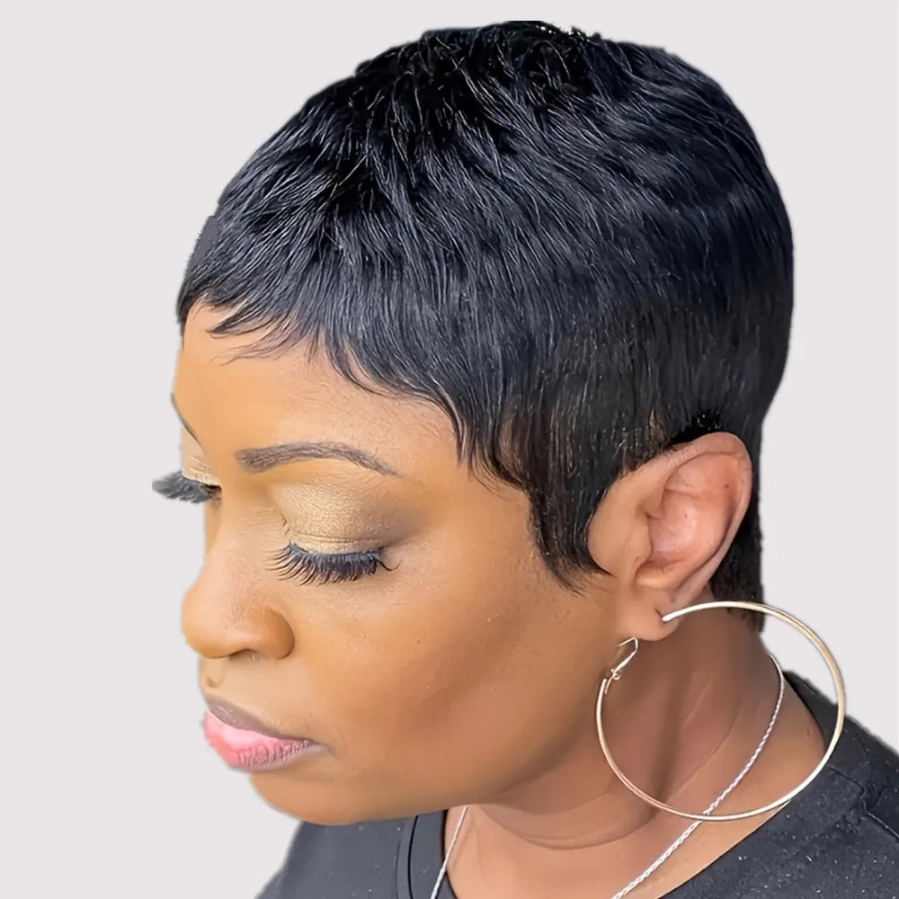 Peluca de cabello humano corto, liso y en capas, color marrón, negro, borgoña, para mujer, para uso diario o fiestas, peluca de corte pixie, hecha a máquina.