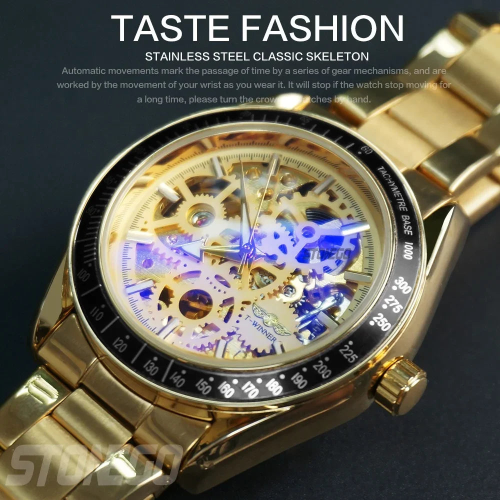 Women Automatic Mechanical Skeleton Watch Self-Winding Water Resistant Gold Plated Dress Wristwatch