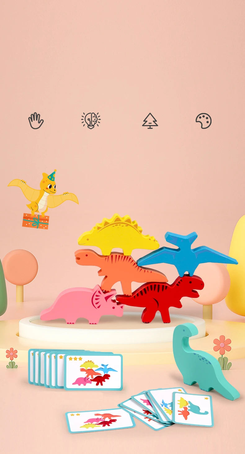Juguetes de bloques de equilibrio de madera para niños, animales, dinosaurios, juegos de mesa de construcción de apilamiento alto, juguete Montessori de madera para niños, regalo
