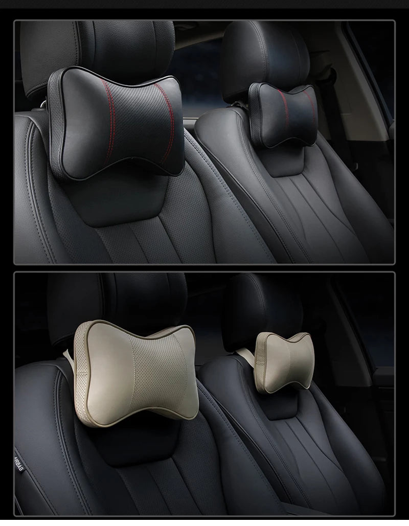 2PCS Top Quality Cowhide Car Neck Pillows Headrest Neck Pillow Support Auto Universal Seat Soft Breathable Interior Decoration