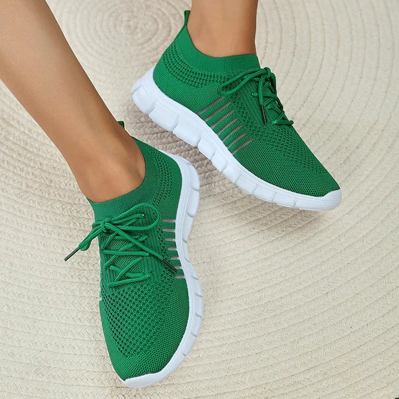 Green Soft Sole Knit Walking Shoes for Women Comfortable Breathable Mesh Sneakers Woman Plus Size Lightweight Casual Flats