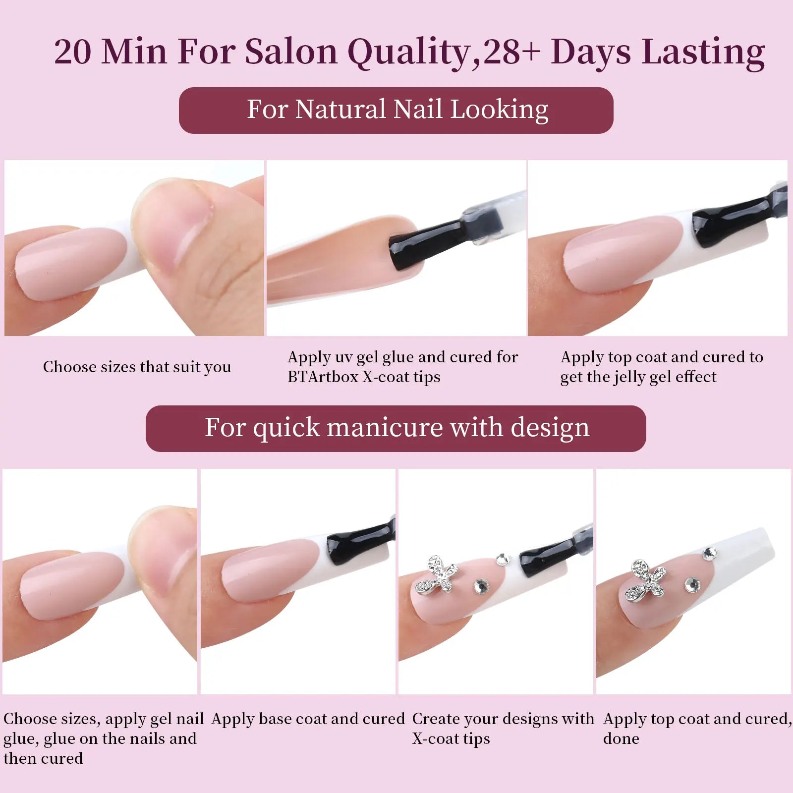 24 grid colorful French ballet false nails press on nails full cover acrylic reusable suitable for DIY kawaii false nail art set
