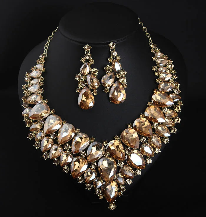 Luxury Super Shiny Colored Gems Crystal Jewelry Set Trendy Necklace Earring Women Wedding Bridesmaid Accessories Gift Wholesale