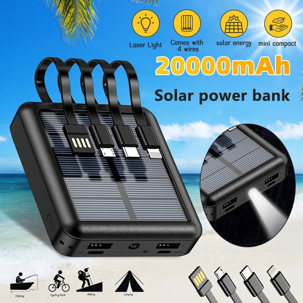 20000mAh Solar Power Bank Dual USB 4 Cables Portable Large Capacity Charger Super Fast Charging USB TypeC Outdoor Power Bank