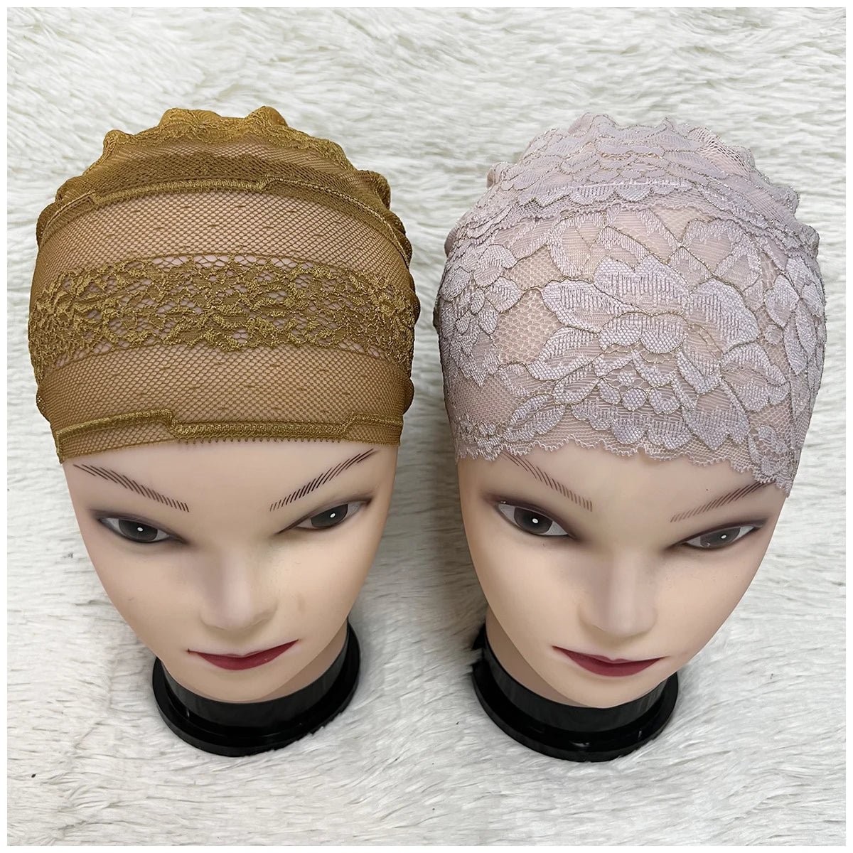 Elastic Design Lace Hollow Out Flannel Hat Women's Cap Forehead Cross Muslim Base Scarf Indian National Style Pearl Headdress