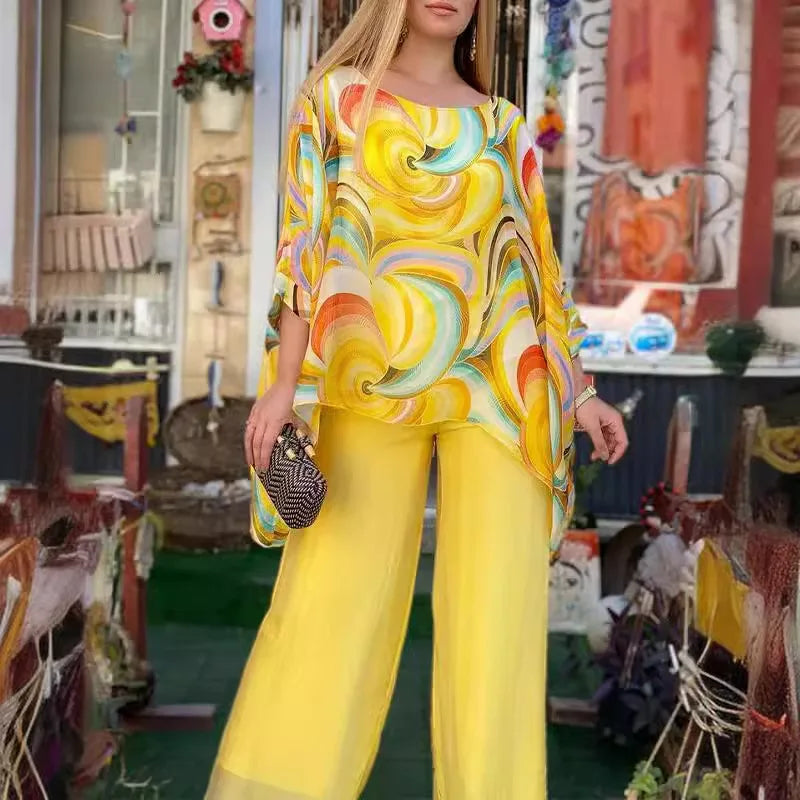 Women Fashion Trousers Two Piece Set For Women 2024 Summer Loose Casual Print Blouse Elegant 2 Piece Sets Woman Tops+Pants Suit