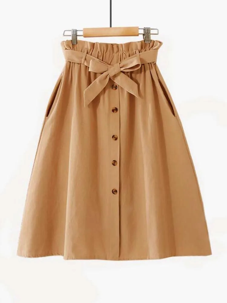 Women Summer Midi Skirt Girls Elegant Solid High Waist Spring Casual Single-Breasted Sashes Office Ladies A-Line Cotton Skirt