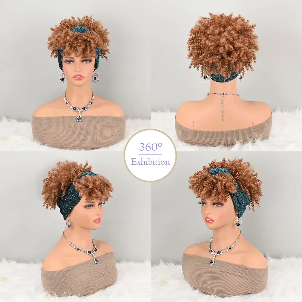 Headband Wigs for Black Women Synthetic Short Afro Kinky Curly Wigs Brown Wig with Bangs Wrap 2 in 1 Turban Wig