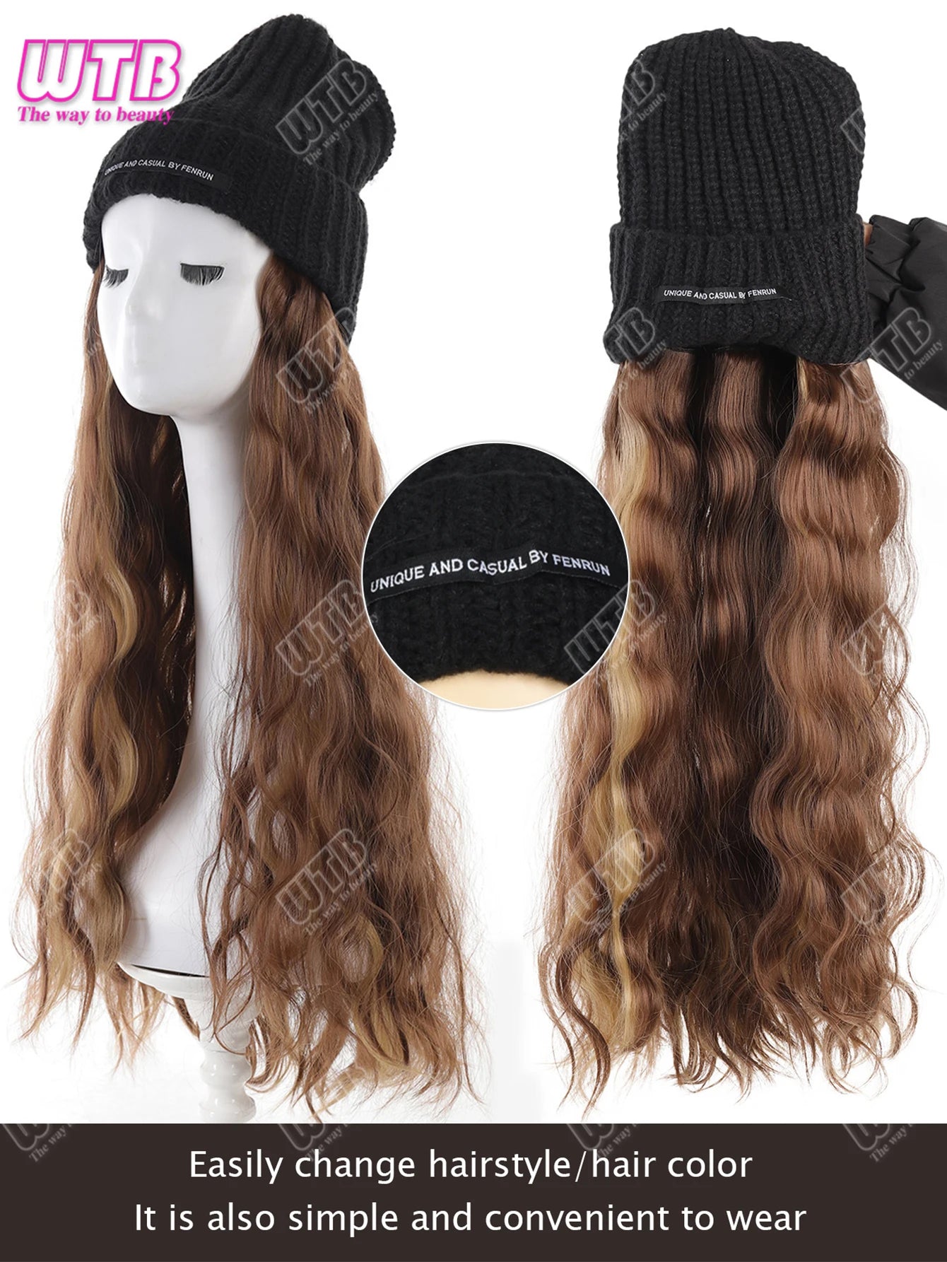 Synthetic Wig Black Hat With Long Curly Hair Extensions; Knitted Hat; Warm Ski Hat For Autumn And Winter
