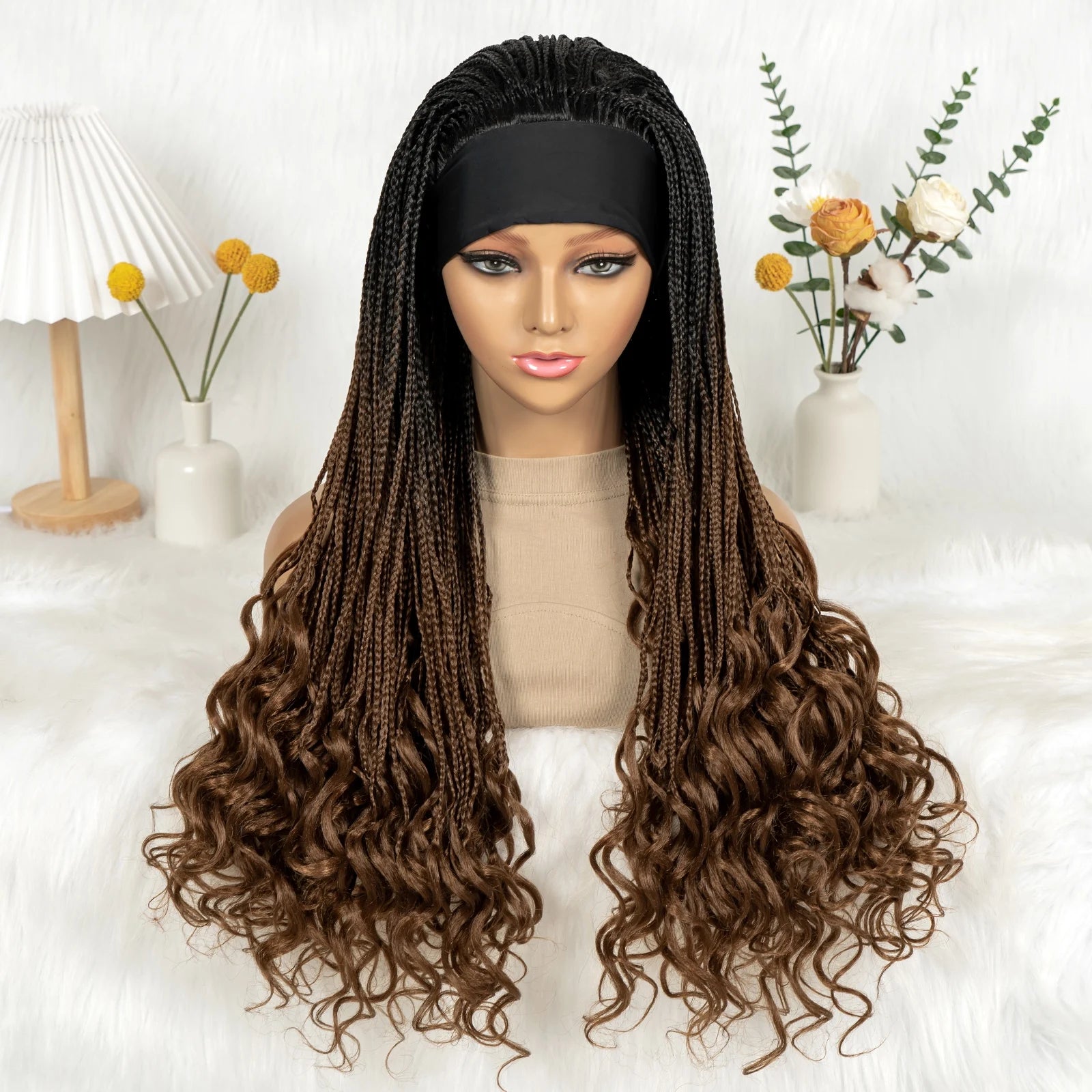 Silk Headband Wig Braided Wigs with Curly Ends Headband Wigs Knotless Braided Wig Easy to Wear for Black Women