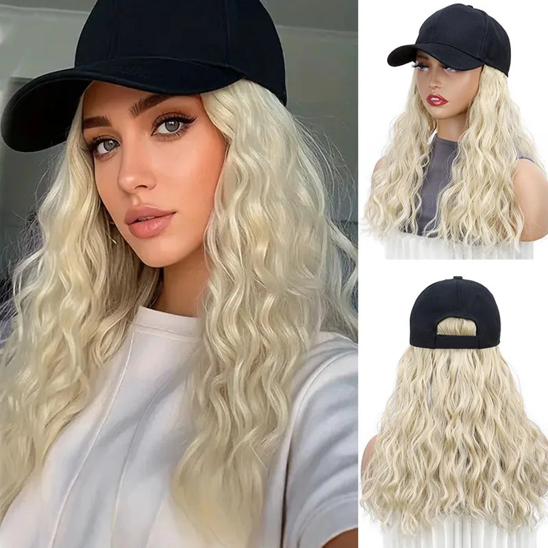 Synthetic 18Inch Long Curly Elegant Black Baseball Cap Hat Wig Heat-Resistant Hair Easy Wear Versatile for All Occasions