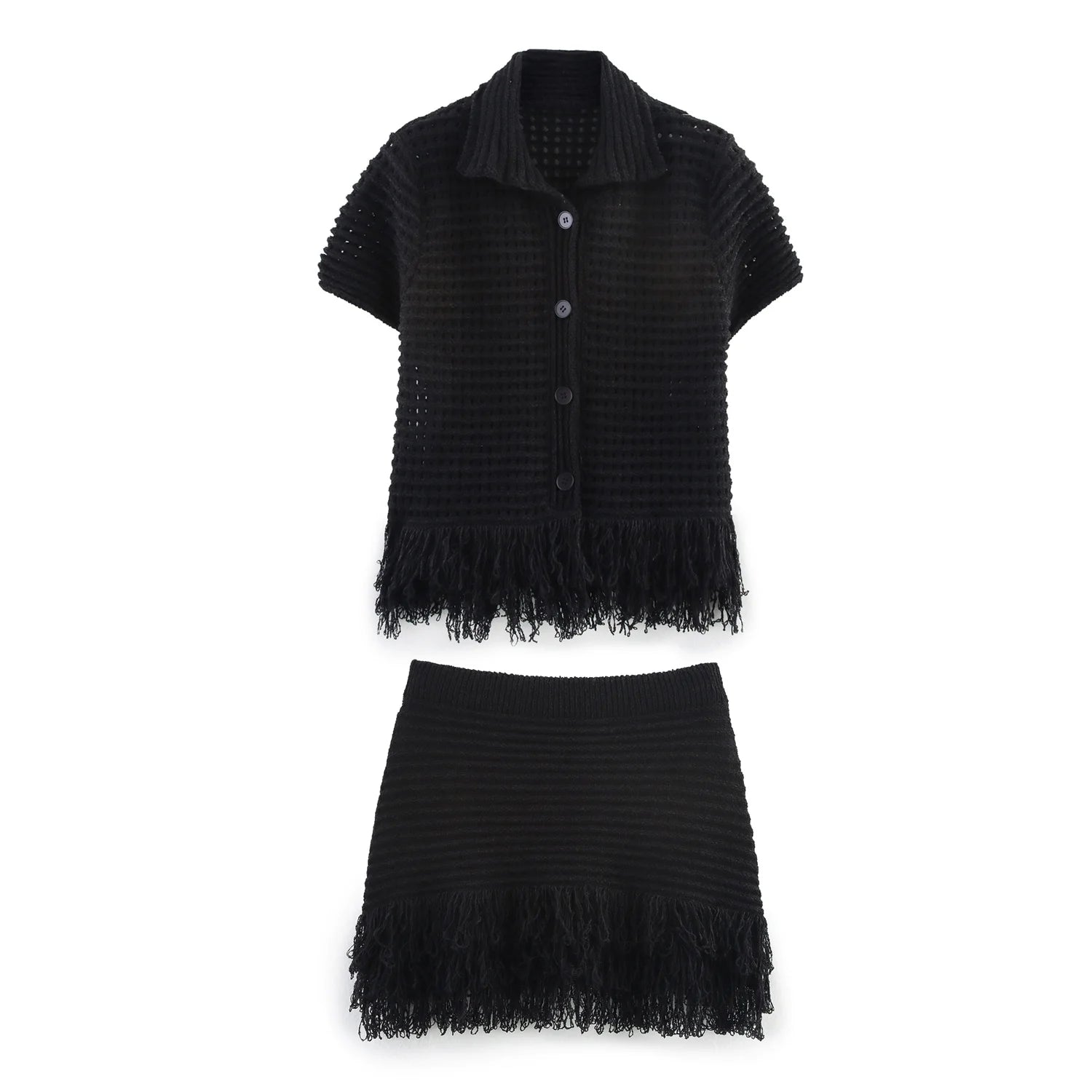 HipSeam Fringed Check Knit Skrts Sets Short Sleeved Lapel Button Tops Sexy Hip High Waist Skirts 2 Piece Set Women's Outfits