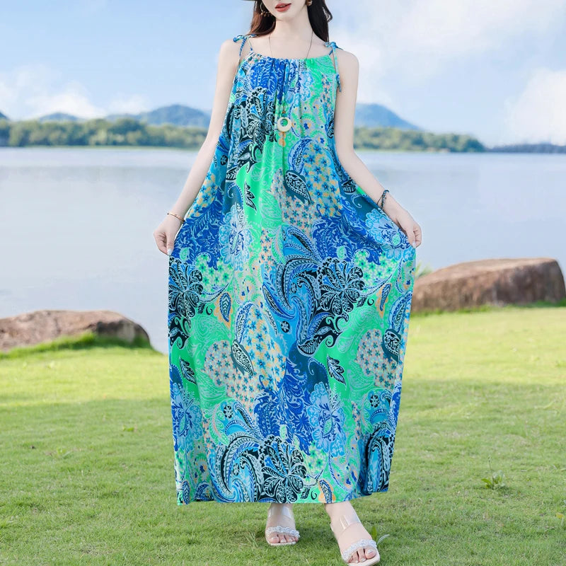 New Fashion Hot Summer Dresses For Women  Casual Flower Print Floral Sleeveless Dress Vintage Dress Loose Women Clothing